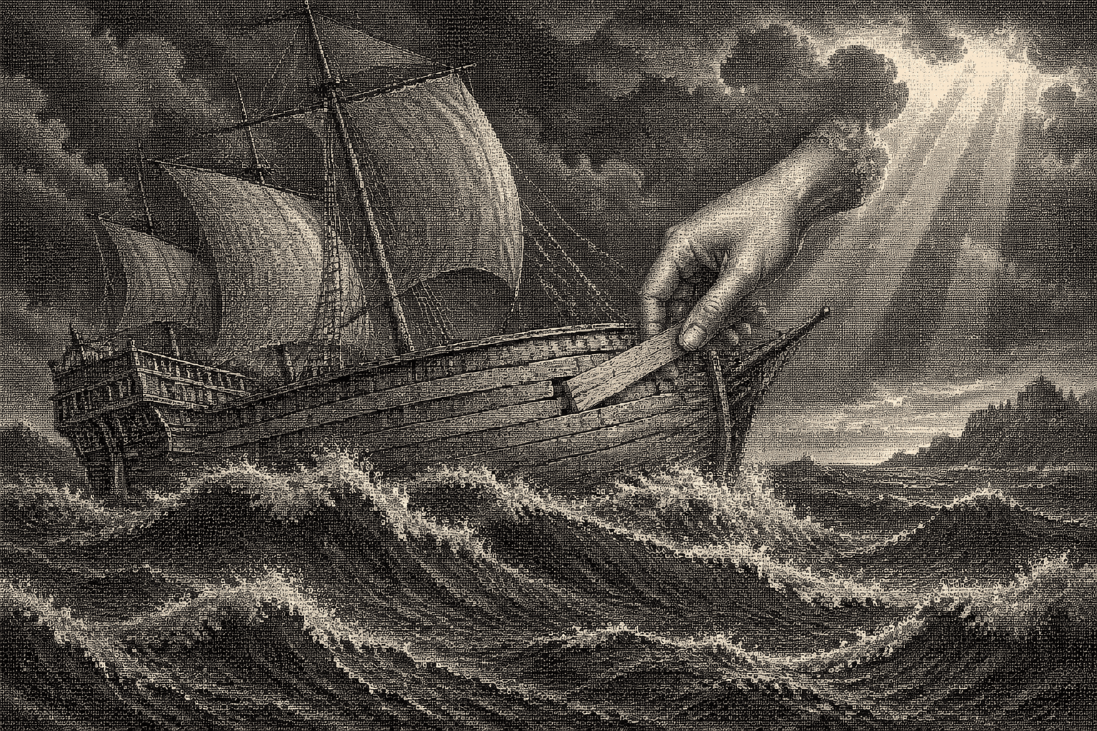 A marble hand fitting one new pink plank into the hull of a ship under sail on a rolling sea