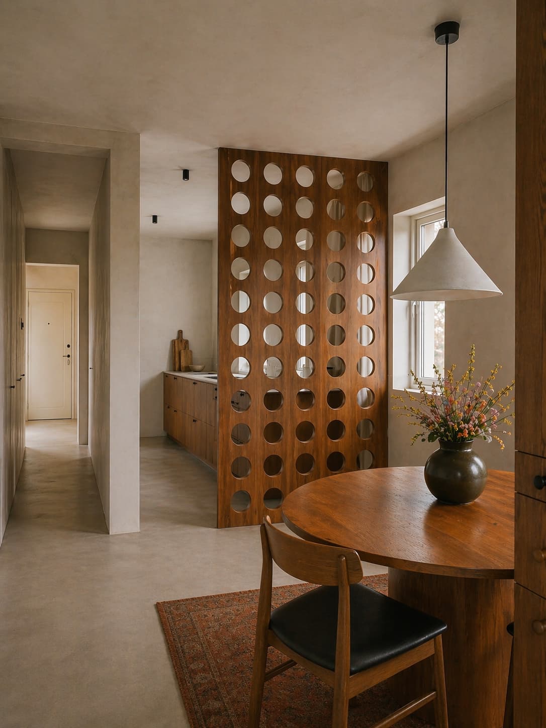 A cozy dining room features a round wooden table with four chairs, a vase of flowers as the centerpiece, a modern pendant light overhead, and natural light streaming through a window adorned with sheer curtains.