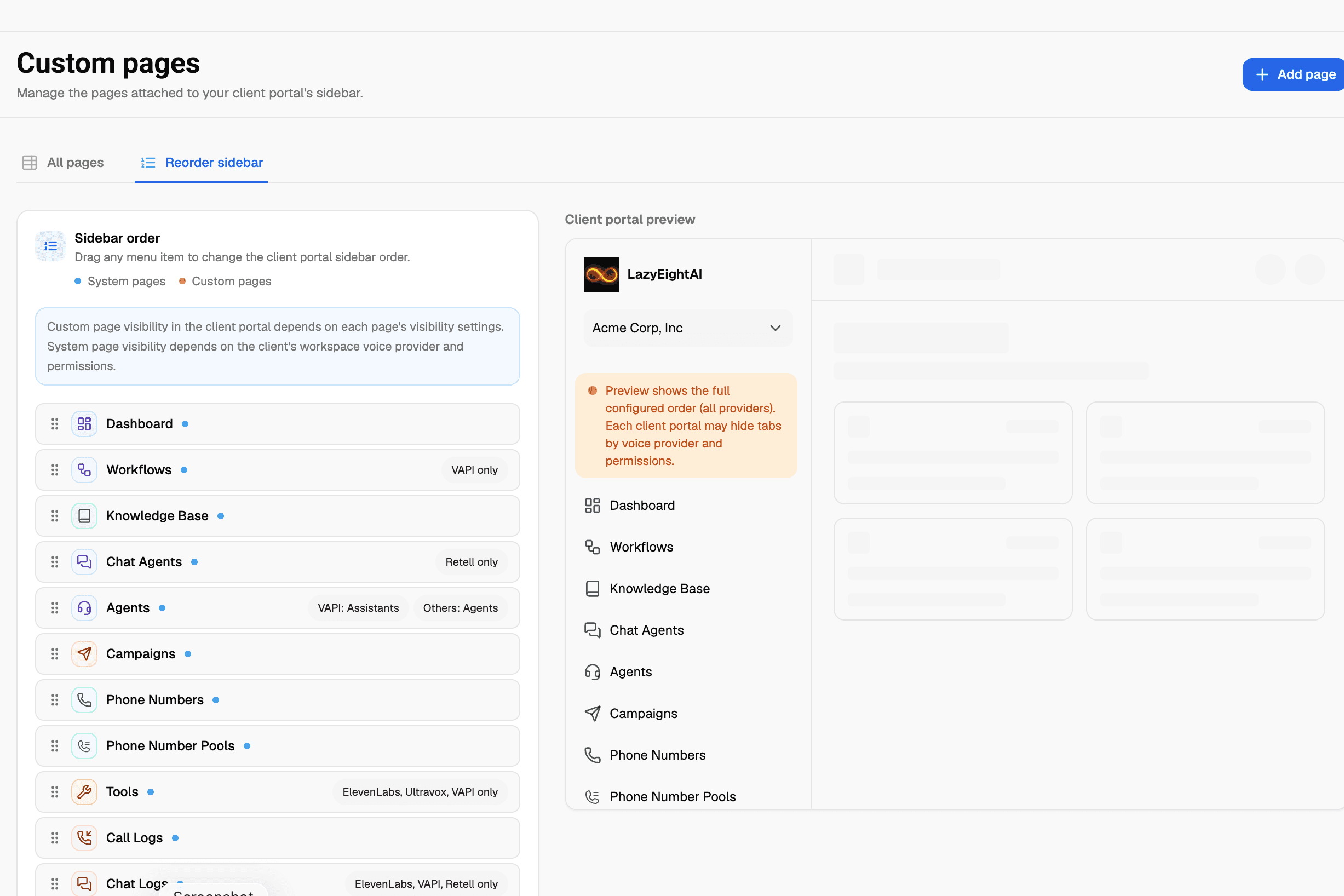 VoiceAIWrapper client portal editor for a Vapi agency account, showing custom page controls, sidebar navigation, agency branding, and the client-facing portal preview