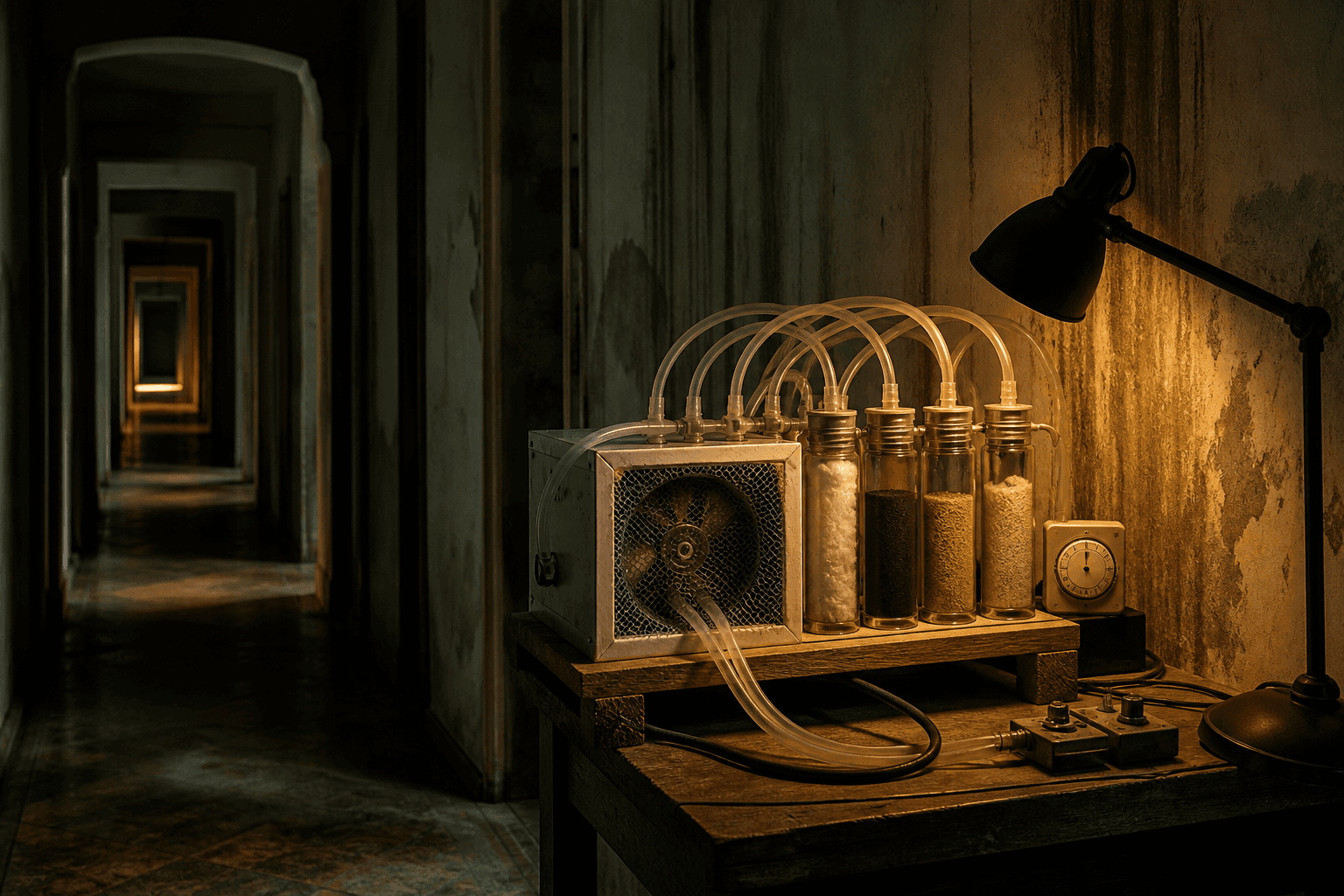 Theatrical scent-delivery equipment on a Halloween-effects worktable