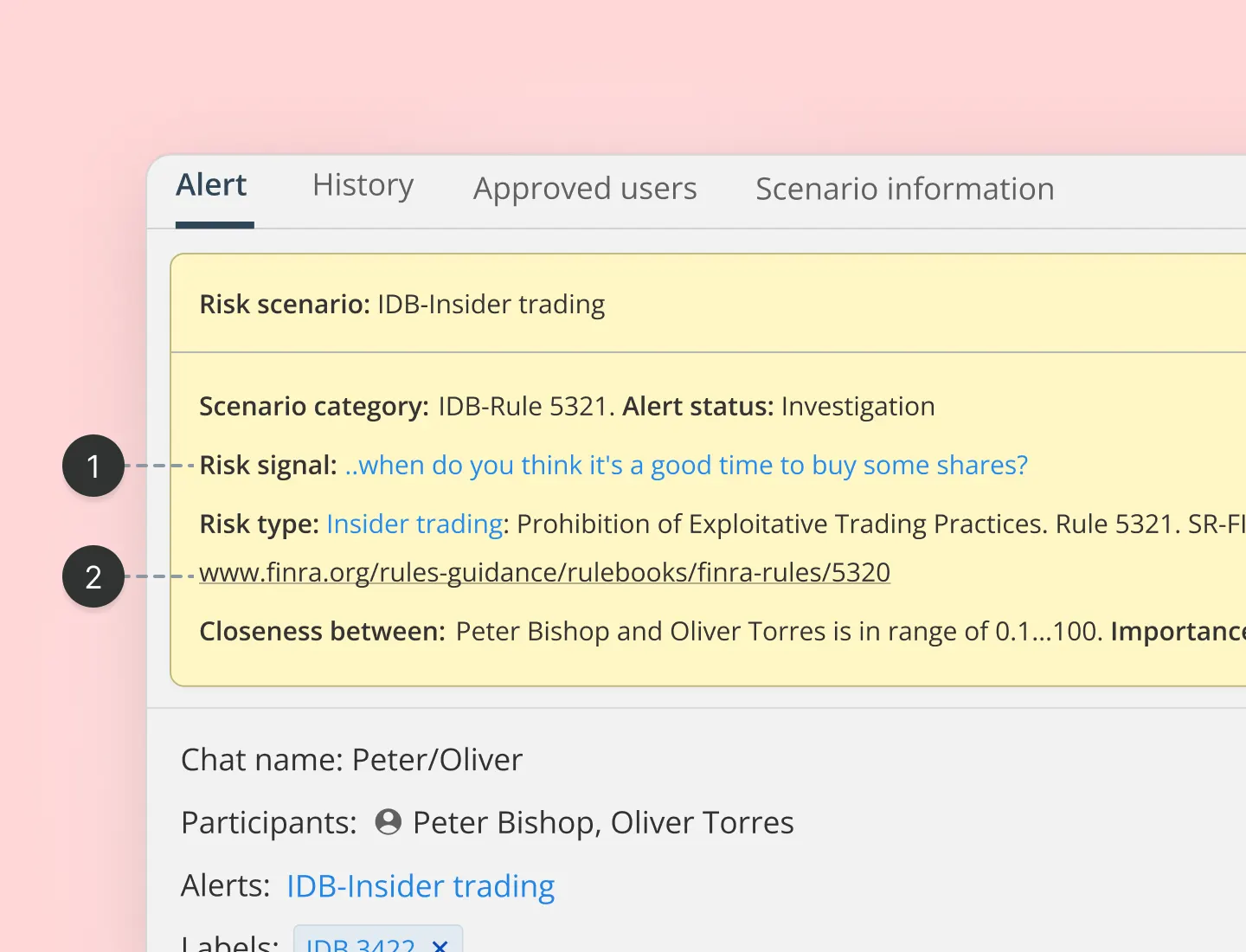 Before state of Behavox risk alert justification component  showing UX issues. Annotations highlight buried risk signal  and raw regulatory URL disrupting compliance officer decision  flow. Product design case study by Yanick, senior UX designer.
