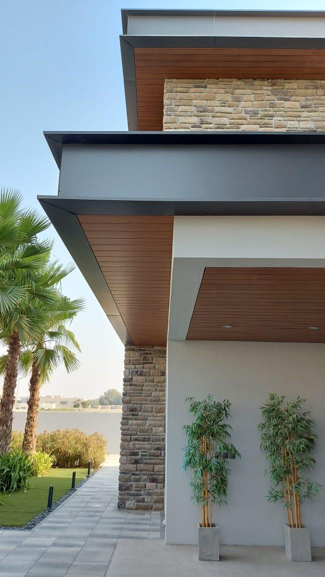 Modern villa facade with timber cladding