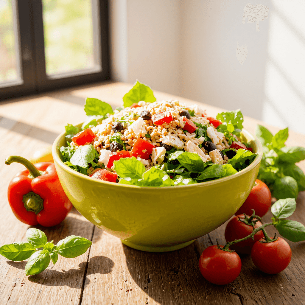product photography of a bowl of mixed salad with grains and protein