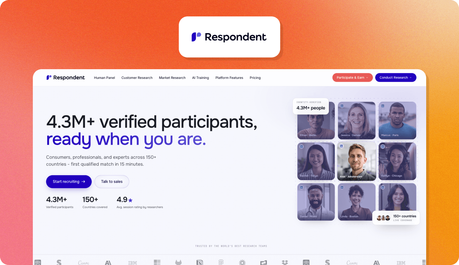 Screenshot of the Respondent website homepage with the headline "4.3M+ verified participants, ready when you are," showing a grid of participant profile photos from various cities.