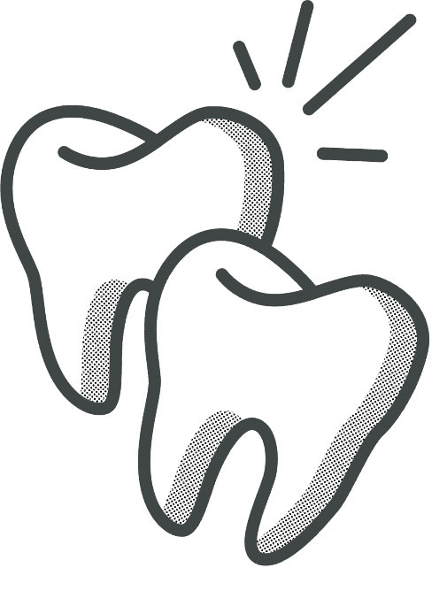 Linework illustration of two teeth dynamically floating with sparkle lines to demonstrate cleanliness.