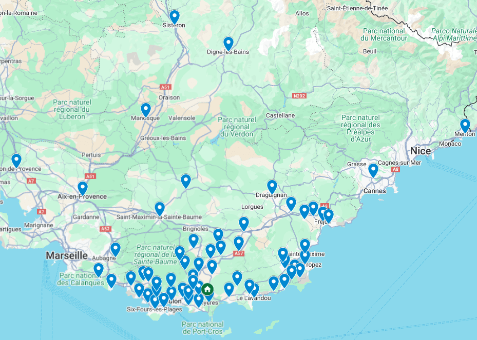 Carte des zones d'intervention de BML Paysages : Hyères, Golfe de Saint-Tropez, Centre Var et région PACA.