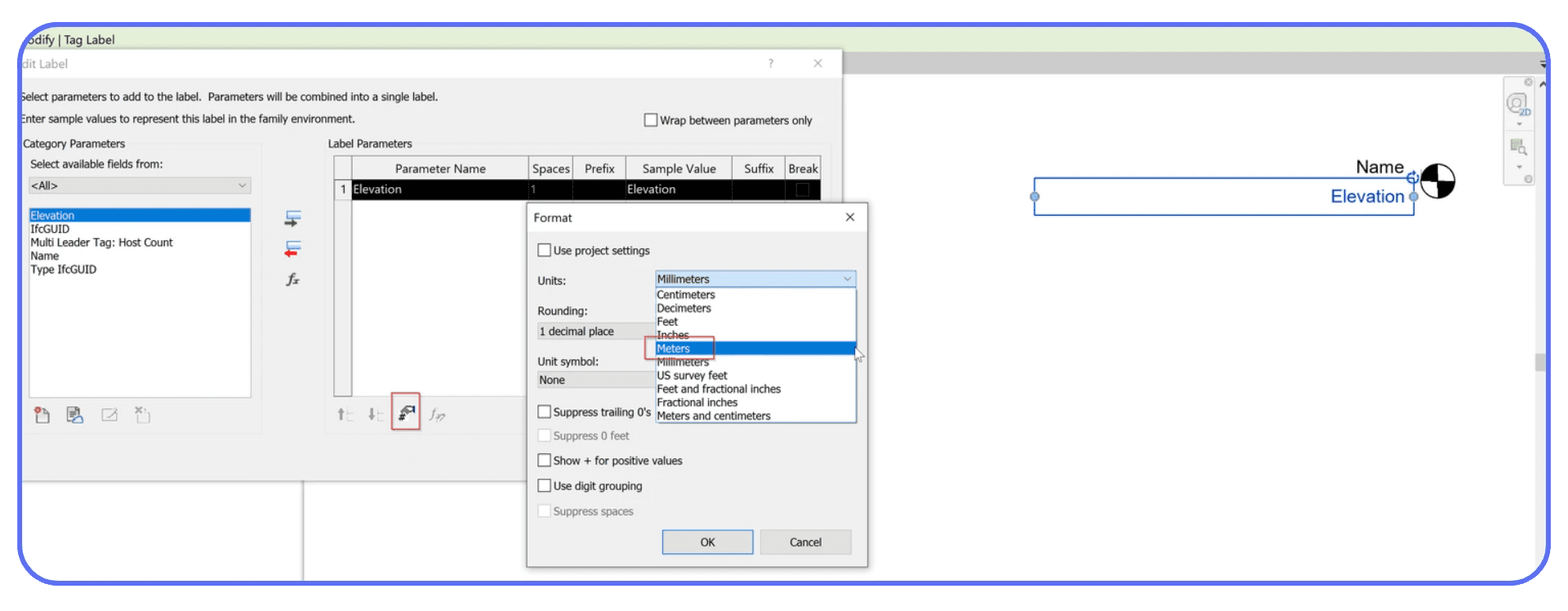 Revit label and units settings panel used to define elevation units and formatting