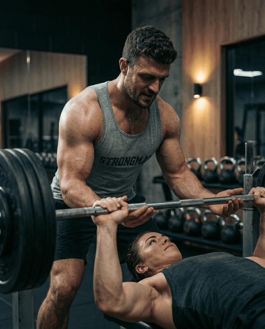 A muscular individual in a gym assists another person with a heavy barbell bench press, surrounded by gym equipment like kettlebells, promoting fitness and strength training.