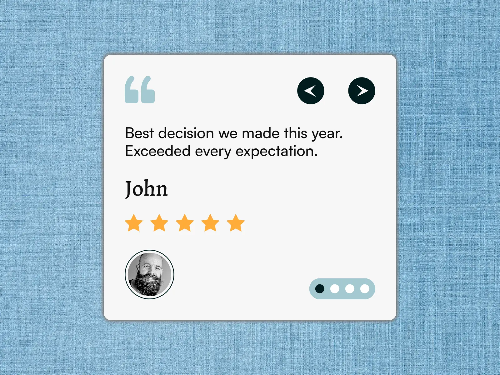 Framer testimonial slider component with star ratings, navigation arrows, and pagination dots.