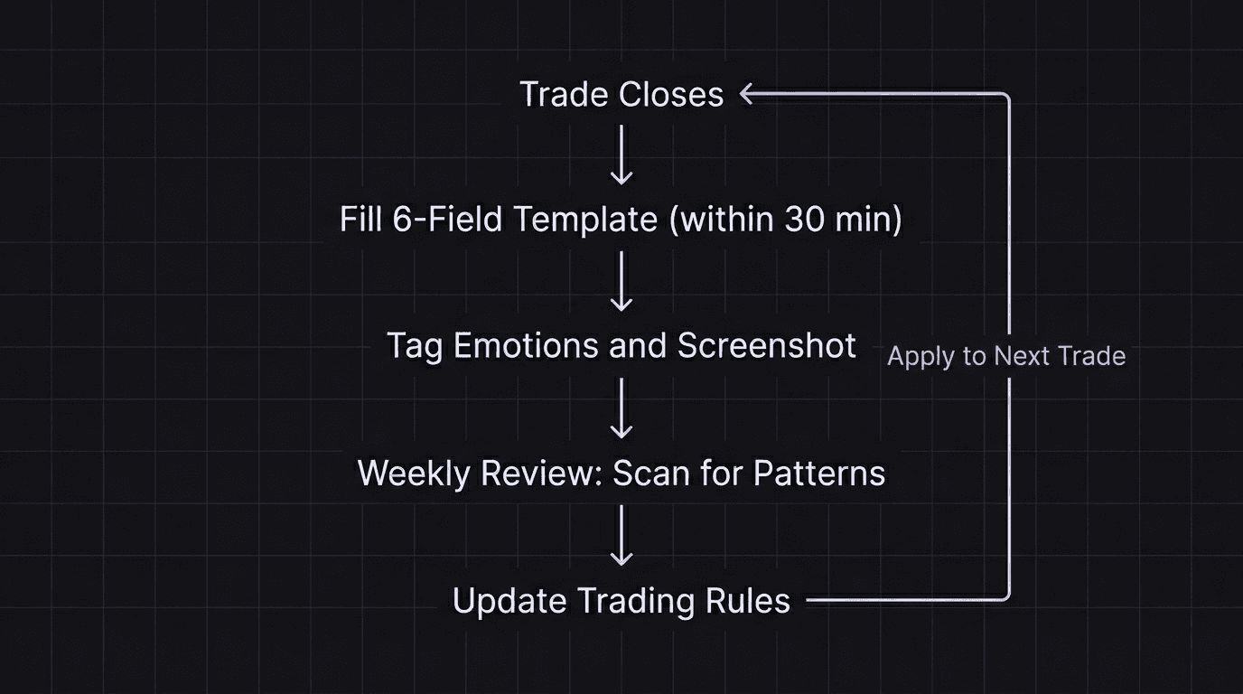 Flowchart showing the journal entry workflow from trade close to weekly review