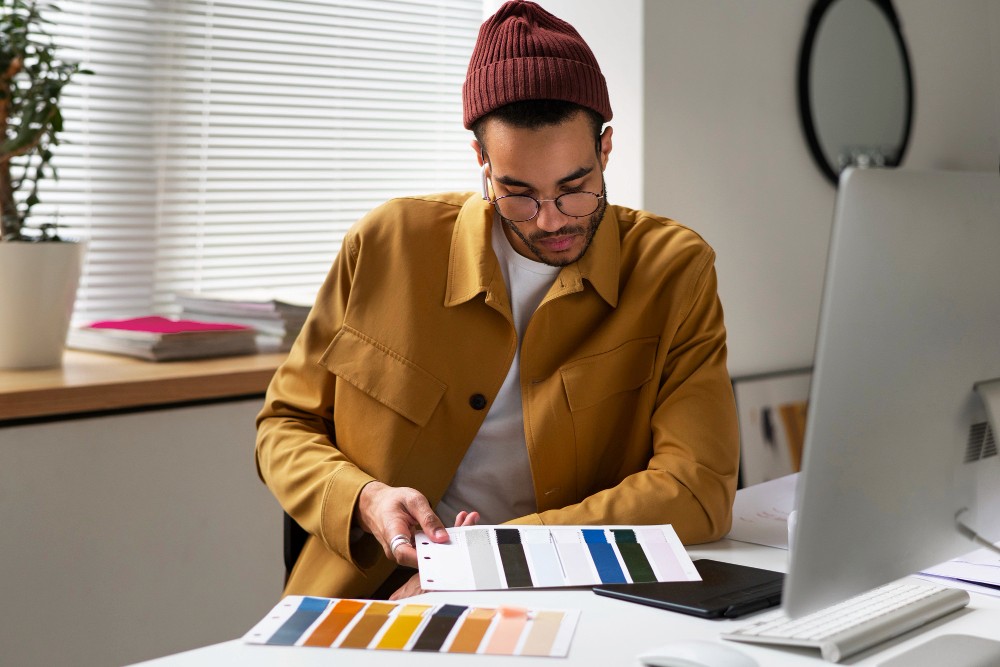 Designer selecting a harmonious color palette