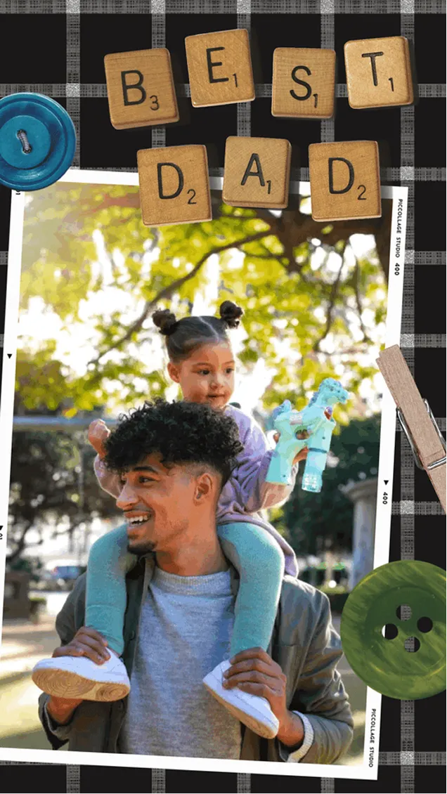 Father's Day card template on a plaid background with 'Best Dad' wooden Scrabble tiles and a dad-carrying-child photo.