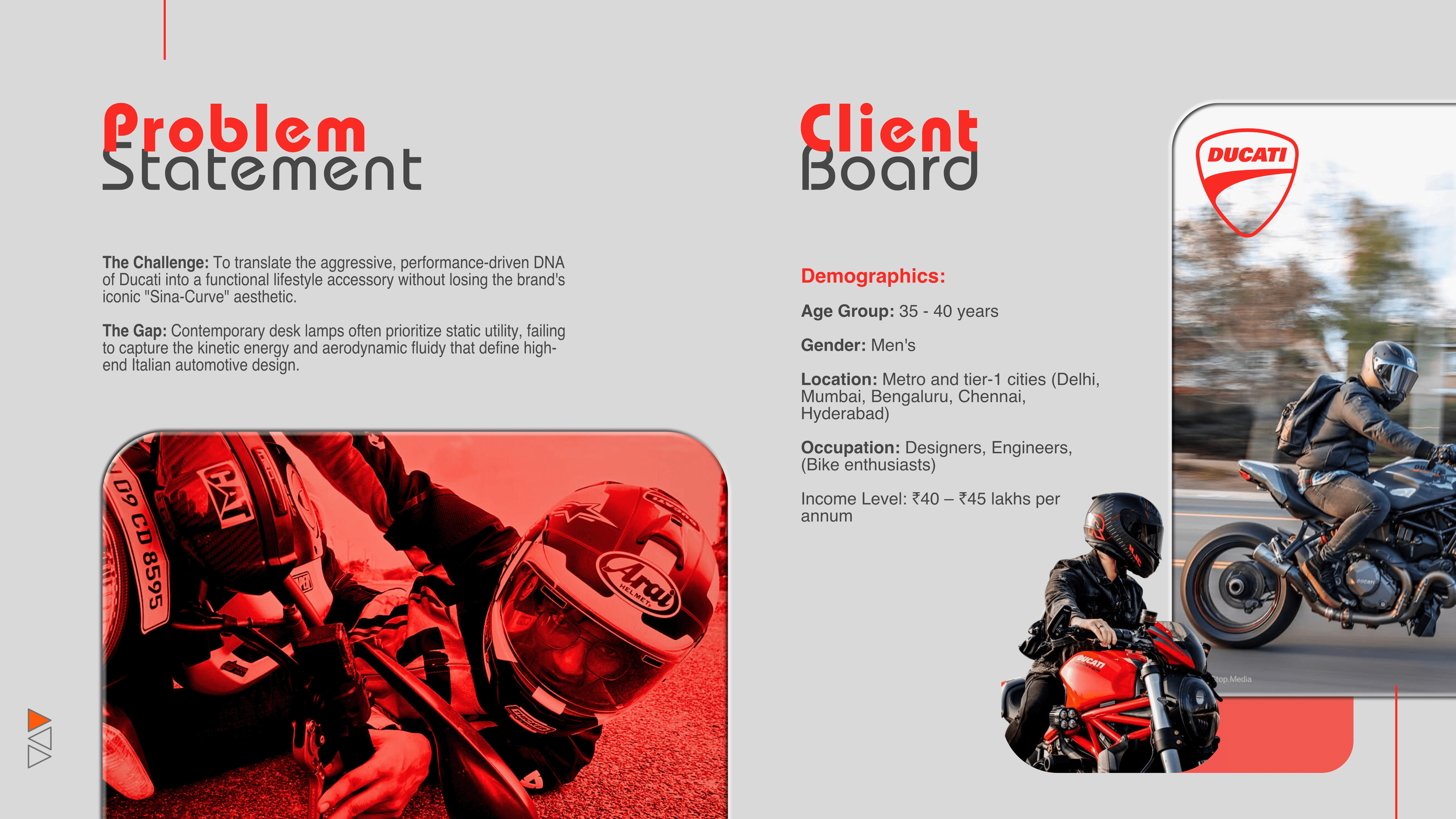 Defining the design challenge by identifying the gap between static utility and the performance-driven, kinetic "Sina-Curve" aesthetic required for a Ducati-inspired lifestyle accessory.