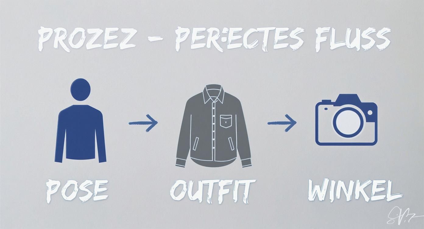 Infografik zeigt drei Schritte für perfekte Flussfotos: Pose wählen, Outfit auswählen und fotografieren