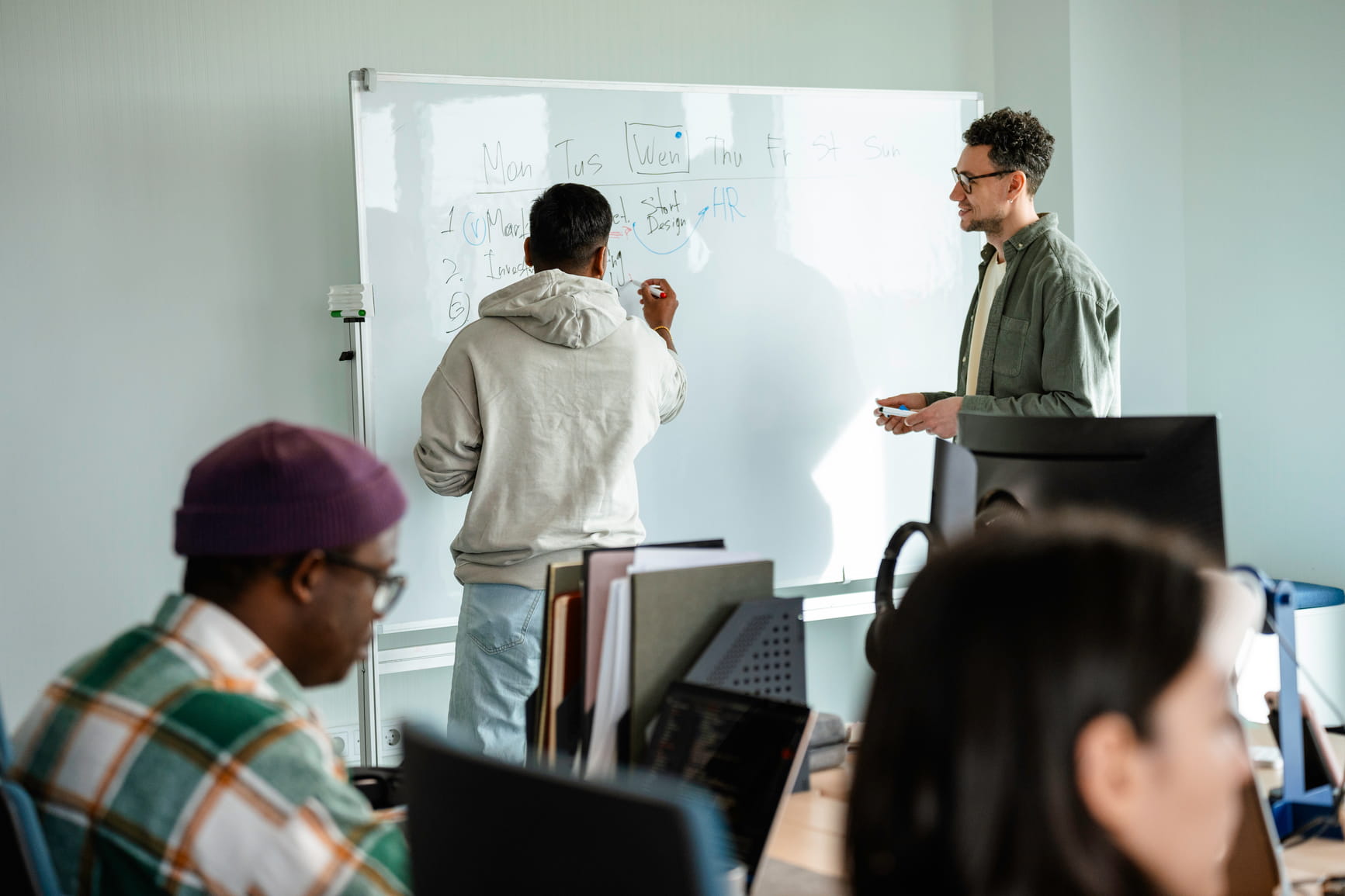 Team discussin ideas on wall
