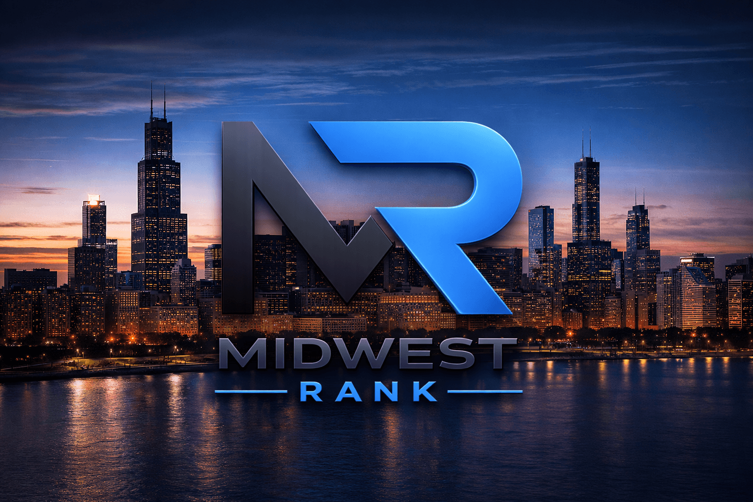 Chicago skyline at sunset with Midwest Rank SEO agency logo – Chicago local SEO services