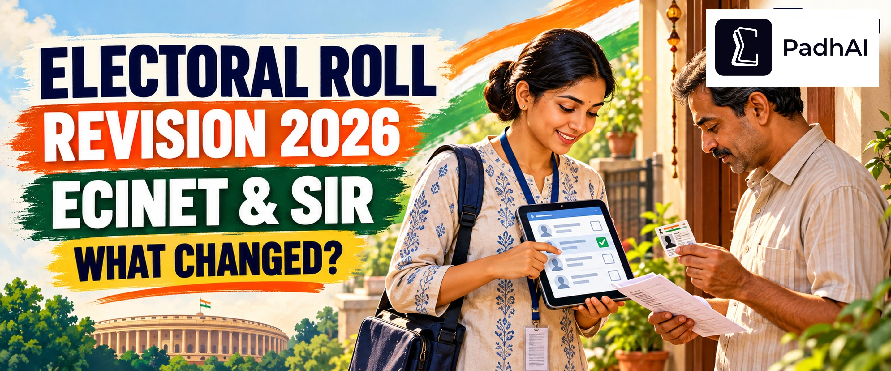 Election official helping a voter during electoral roll revision with ECINET and SIR in 2026.