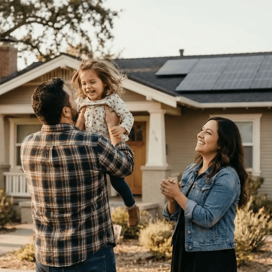 AI family in front of residential home with new roof and solar panels.