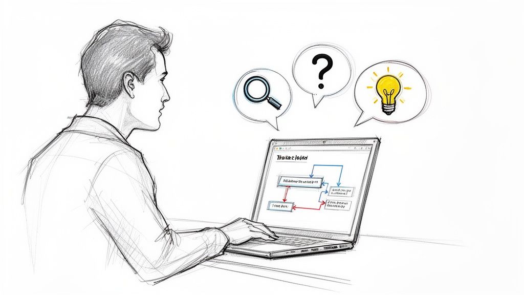 Sketch of a man working on a laptop with flowchart, symbolizing problem-solving and ideas.