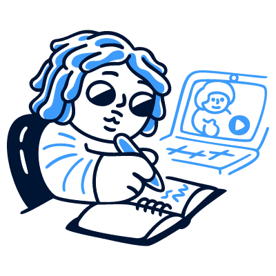 Cartoon image of person  writing in workbook