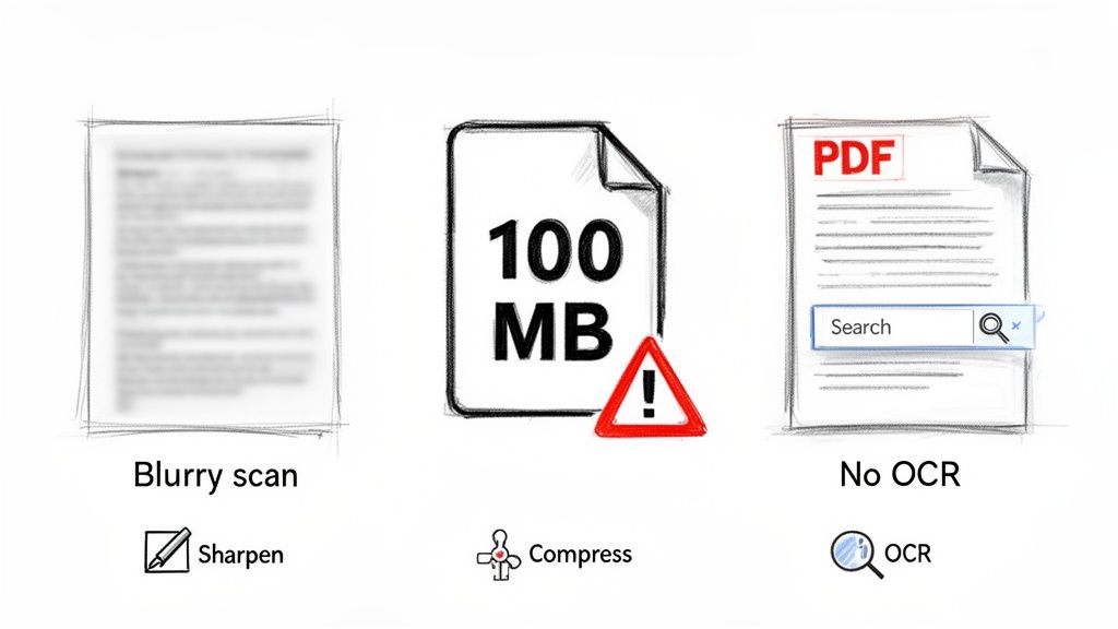 Diagram illustrating common document scan issues: blurry image, large file size, and lack of OCR searchability, with solutions.