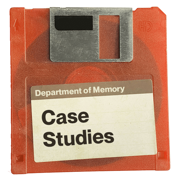 Red-orange floppy disk that reads "Case Studies"