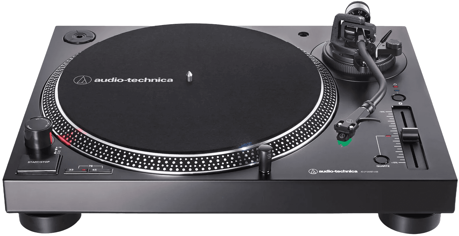 Audio Technica AT-LP120XBT-USB turntable in black, shown at an angle with a slipmat, tonearm and pitch fader.