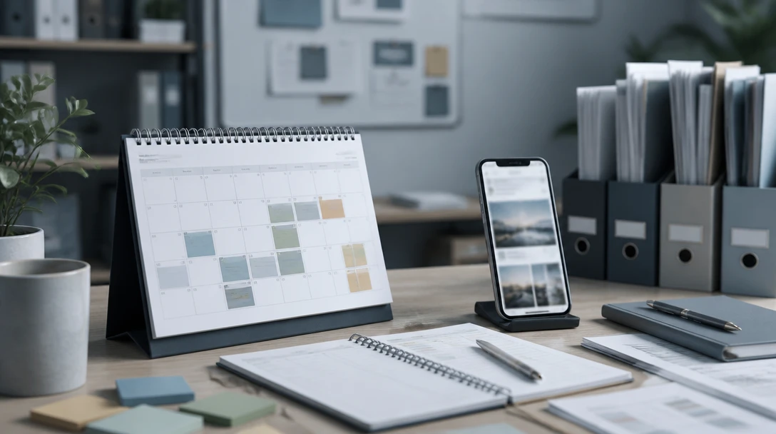 A publishing calendar and social drafts ready for review