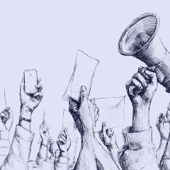 Portada de ¿Cuánto participan los jóvenes en política?, apunte de política pública de IdeaPaís, mostrando una ilustración de manos que sostienen objetos como megáfonos, celulares y pancartas.