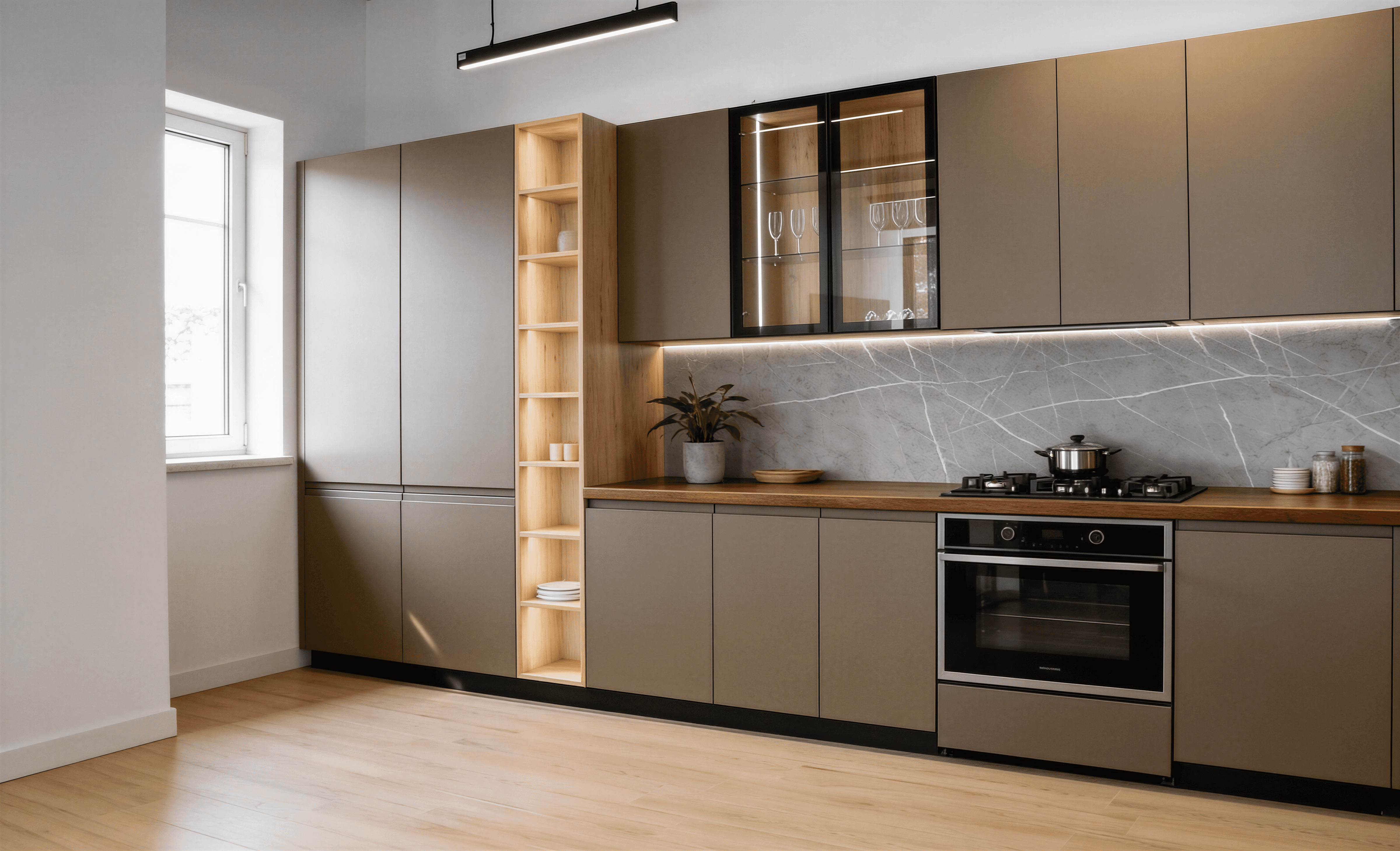 Bucătărie modernă minimalistă cu dulapuri taupe, rafturi din lemn și placare model marmură.