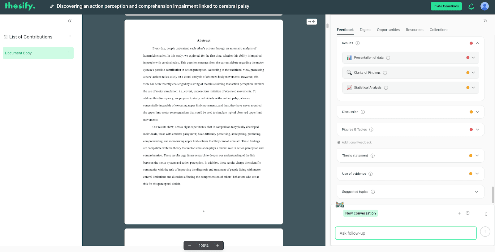 thesify section-level feedback tabs showing Results categories (presentation of data, clarity of findings, statistical analysis) alongside Methods and Discussion