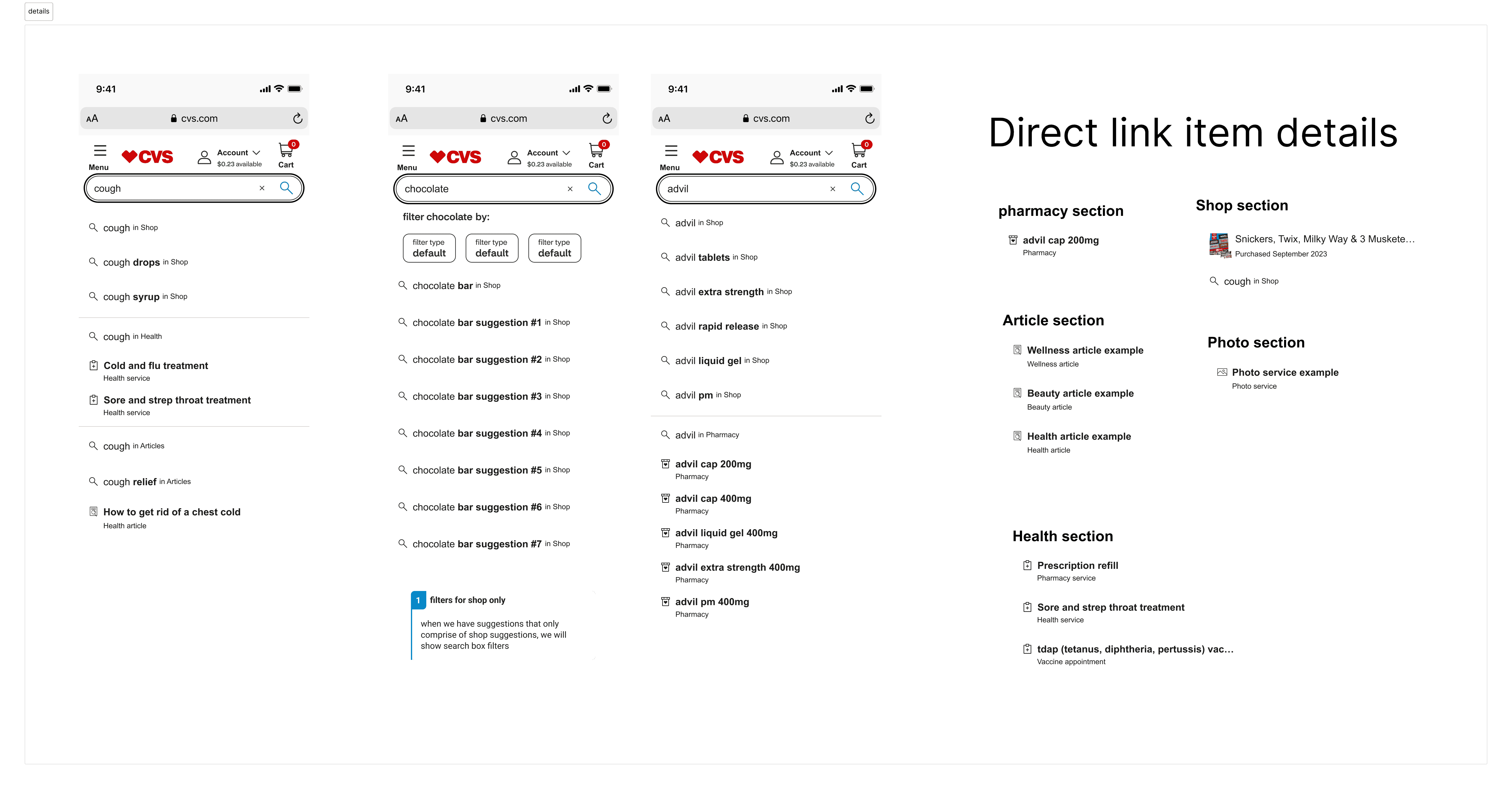 group of screenshots detailing the data buckets of search along with ui details