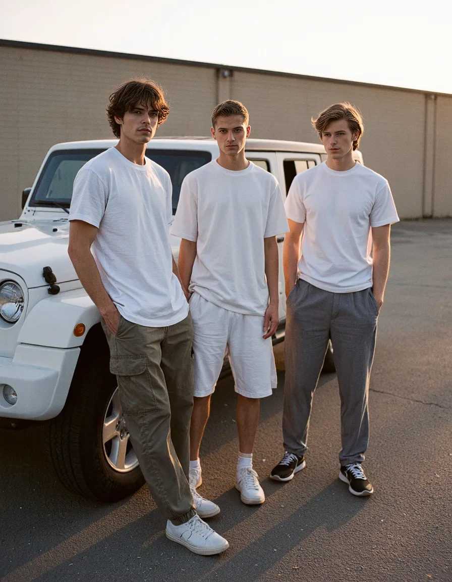 Three figures in white t-shirts with varied bottoms pose beside a white vehicle, showcasing minimalist street style in warm lighting