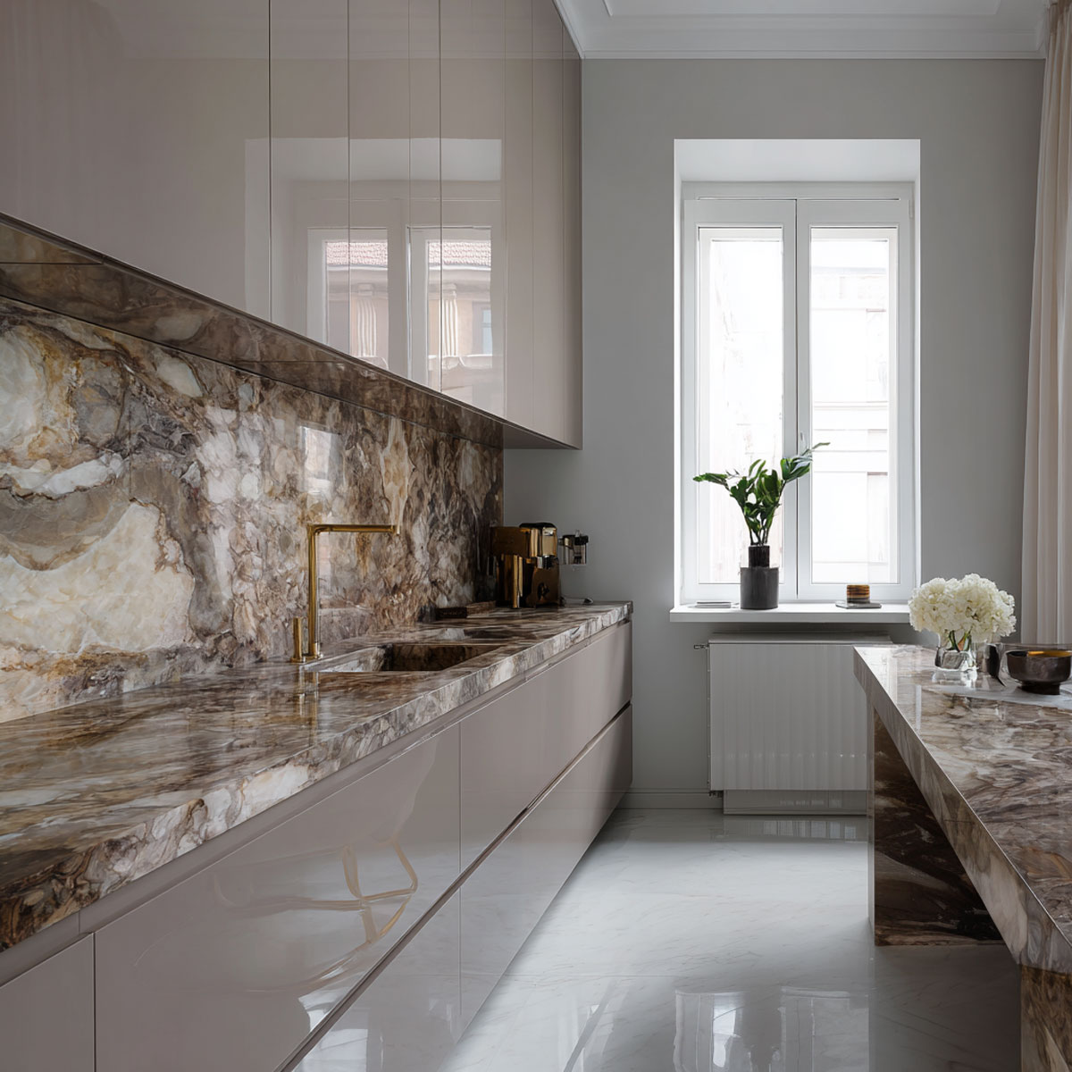 Moderne Küche in 3D-Darstellung mit glänzenden taupefarbenen Schränken, Marmorarbeitsplatten und -rückwand, goldenem Wasserhahn und einem Fenster, durch das natürliches Licht einfällt. Auf der Fensterbank steht eine Topfpflanze, und auf der Marmorinsel stehen Blumen.