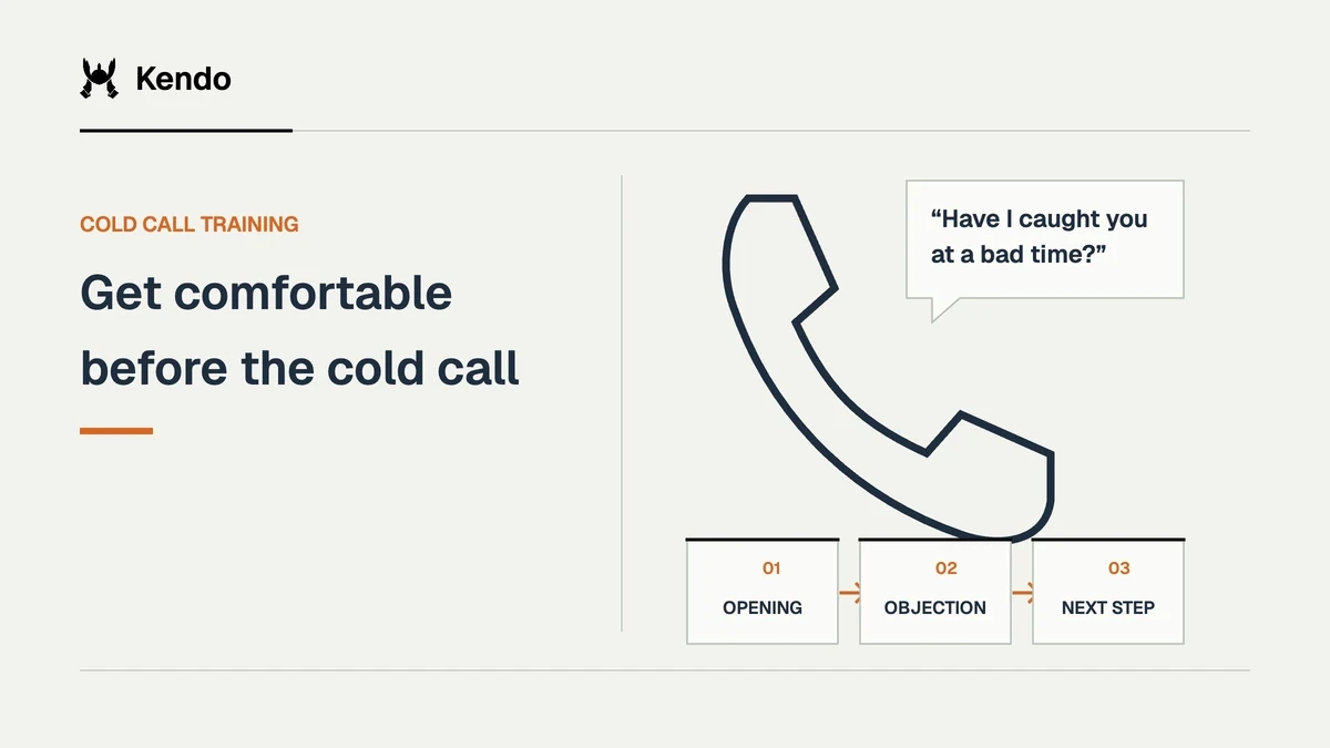 Get comfortable before the cold call. A telephone handset and a realistic cold-call opening lead into opening, objection and next-step practice.