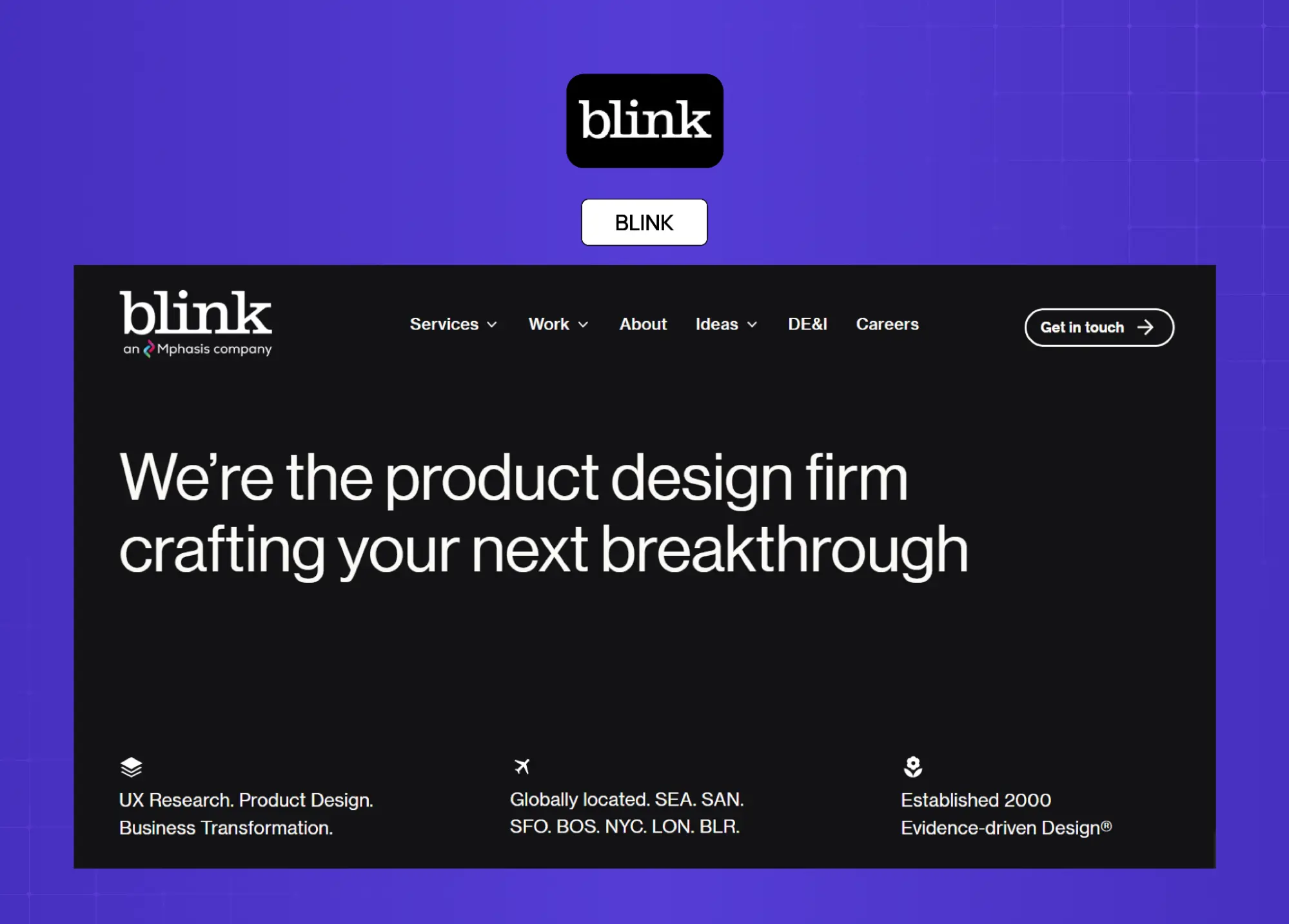 Blink’s dark-themed product design agency homepage featuring bold typography, minimal navigation, and a premium modern aesthetic.