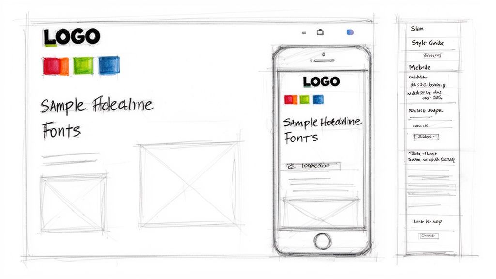 Hand-drawn sketch illustrating a brand identity design, featuring website and mobile app layouts, logo, colors, and typography.