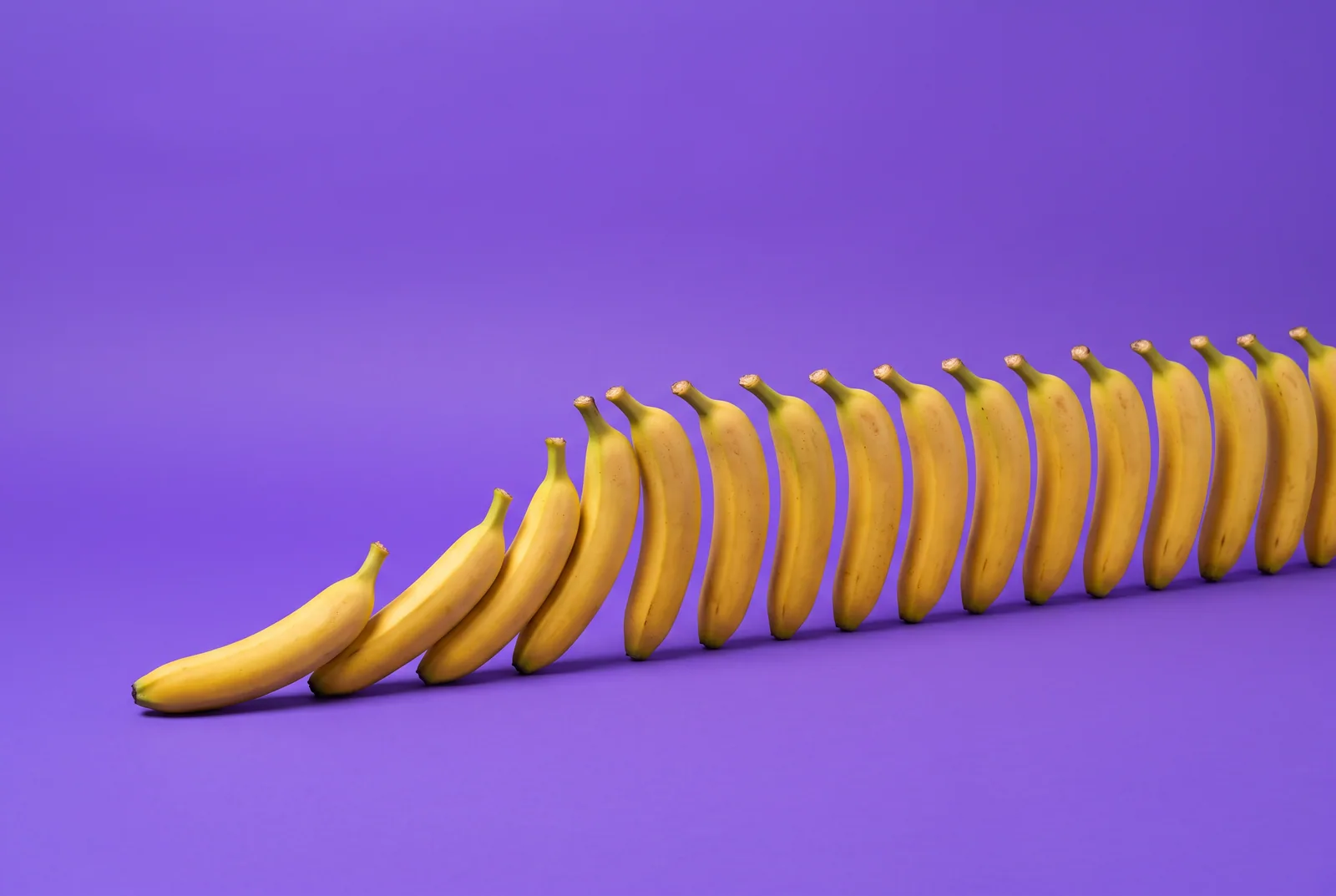 Chaser effect concept: a row of yellow bananas toppling like dominoes on a lilac backdrop