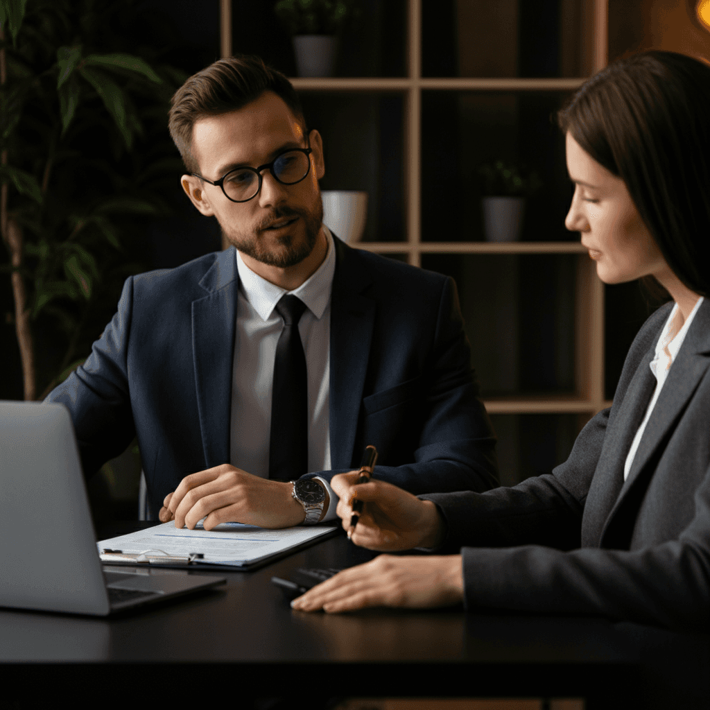 Professional accountant and client having friendly consultation in modern office, reviewing financial documents together, warm natural lighting, professional but approachable atmosphere, business casual, shallow depth of field