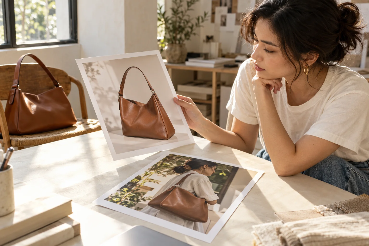 Brand owner comparing product and lifestyle photographs of the same caramel bag