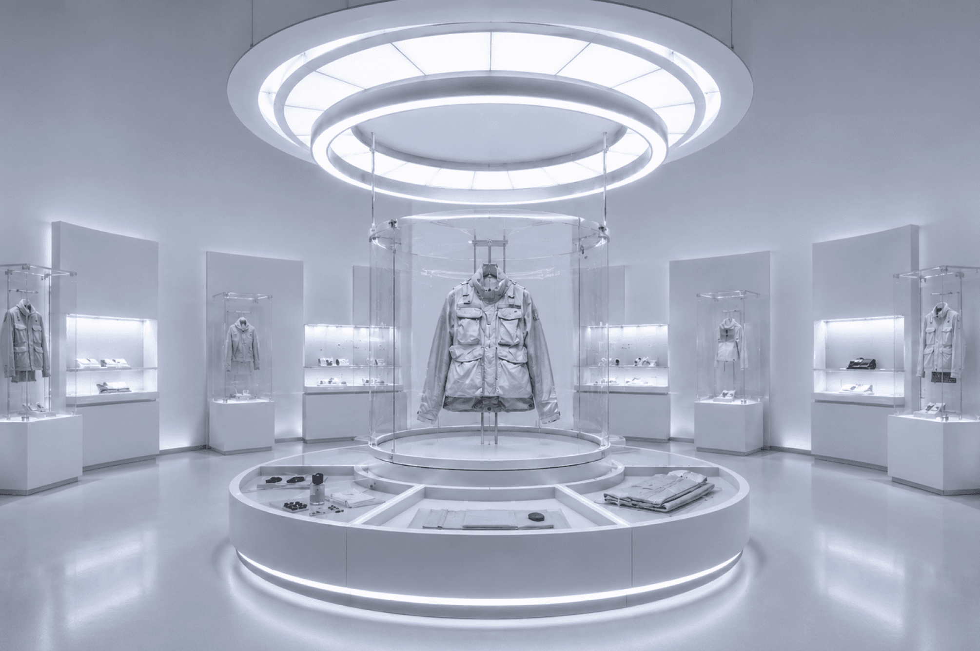 White Stone Island garment displayed in a glowing circular exhibition room — World Building