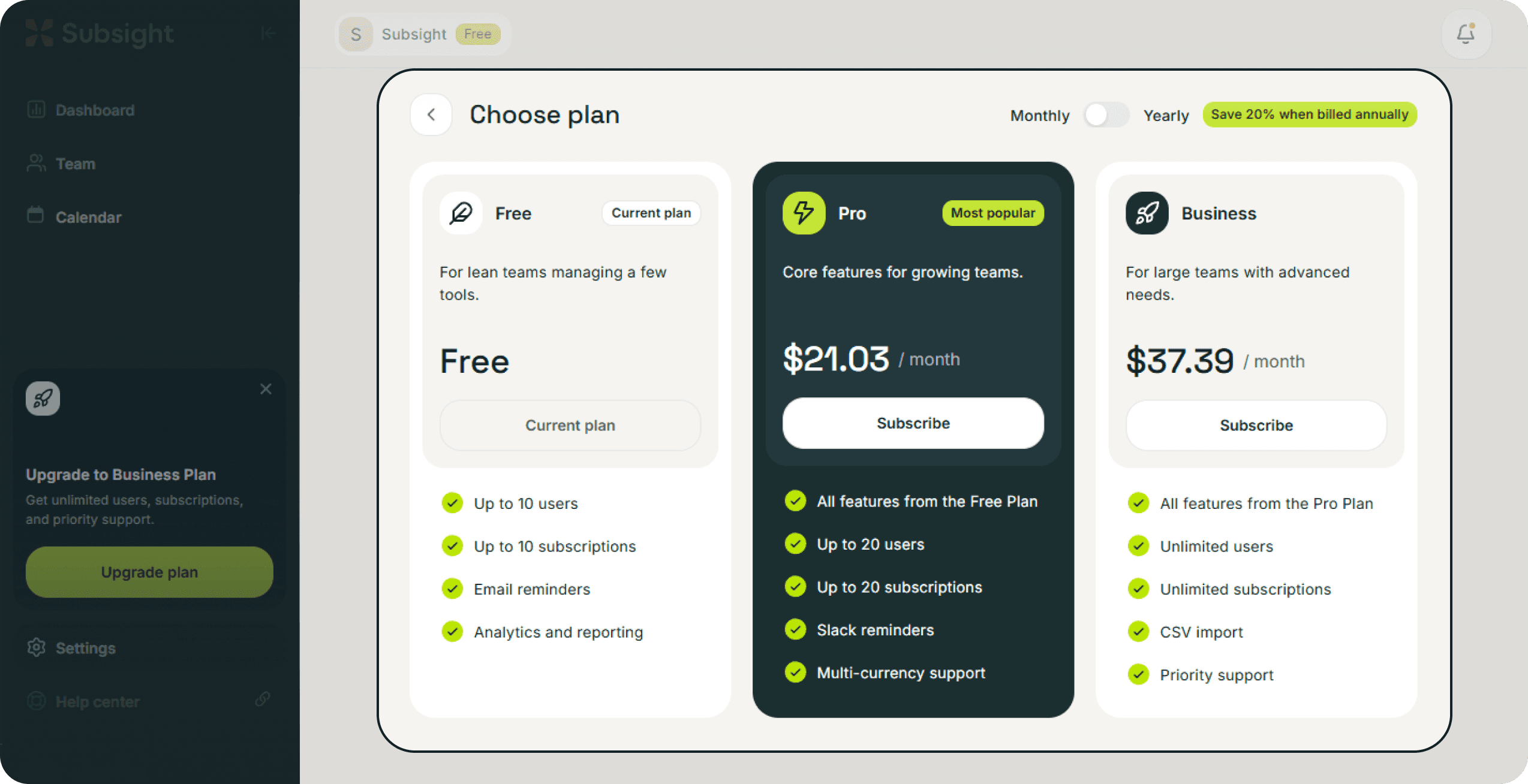Subsight pricing plans showing Free, Pro, and Business tiers with feature comparison.