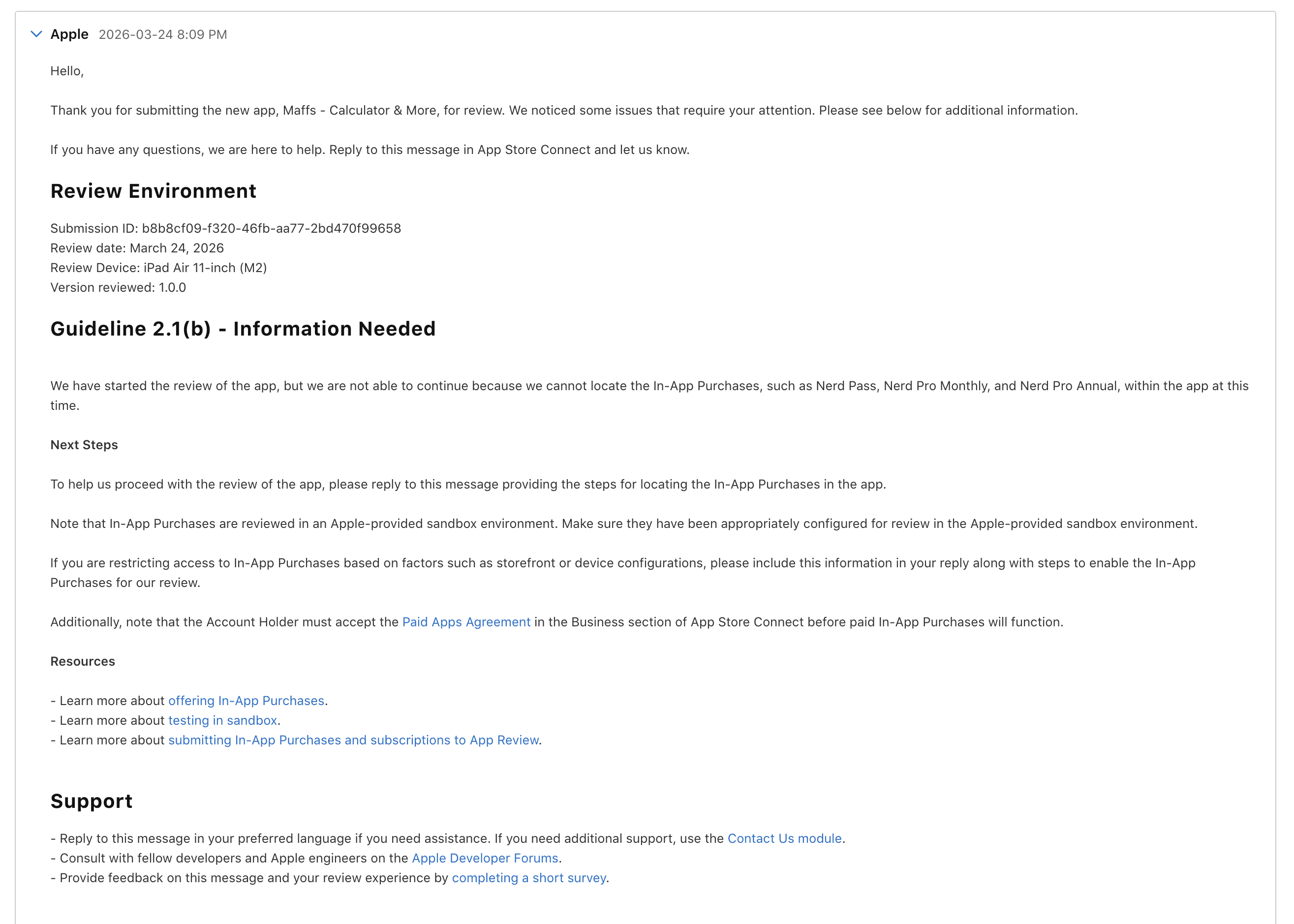 Apple rejection message showing Guideline 2.1(b) — Information Needed, stating they cannot locate the In-App Purchases