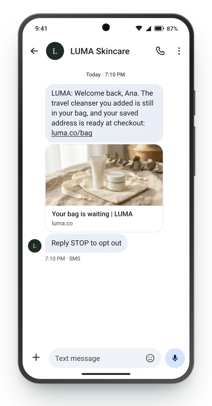 For a returning customer abandoned cart SMS on an Android phone