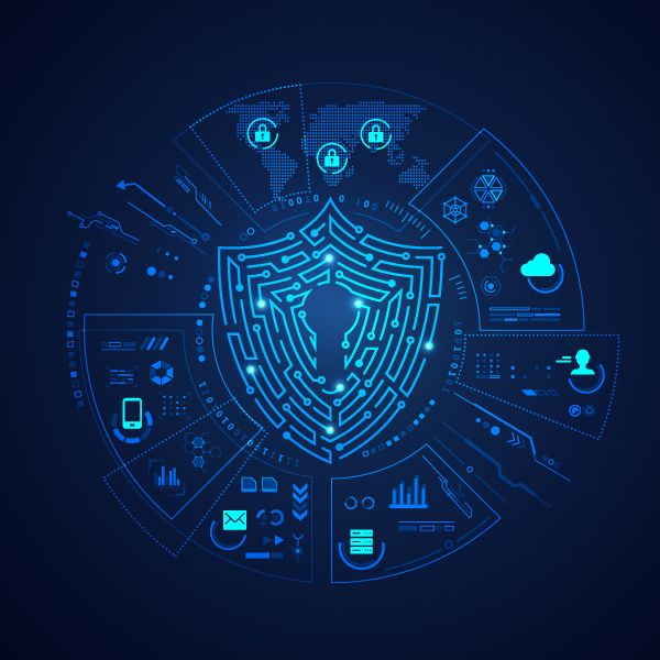 Blue digital shield with circuit lines surrounded by cybersecurity and cloud technology icons on a dark background.