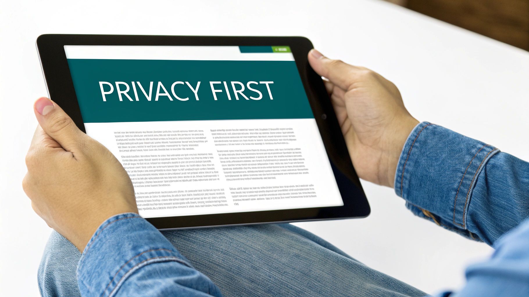 A person holds a tablet displaying 'PRIVACY FIRST' on its screen, emphasizing data protection.