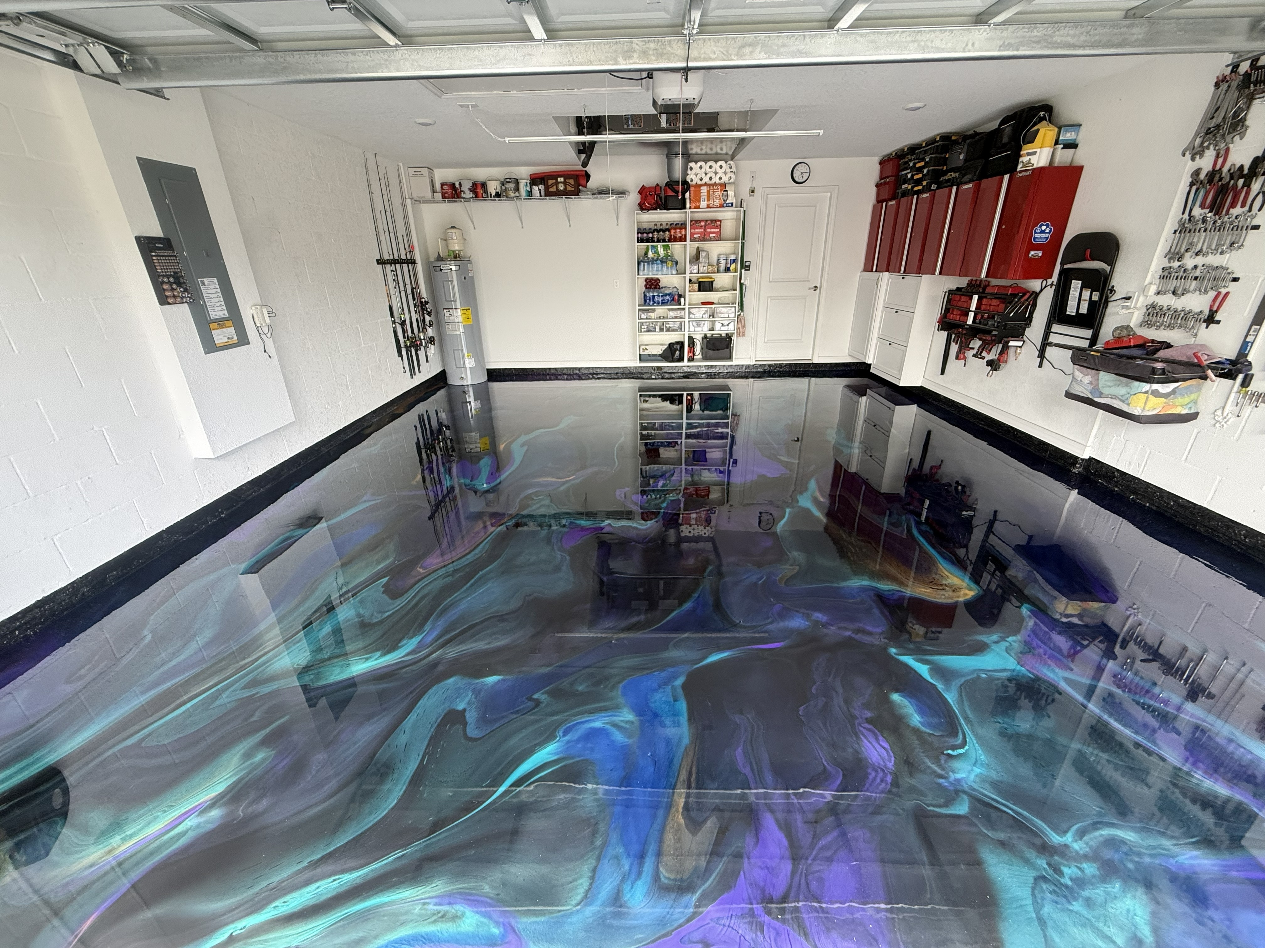 Custom blue and violet metallic garage floor