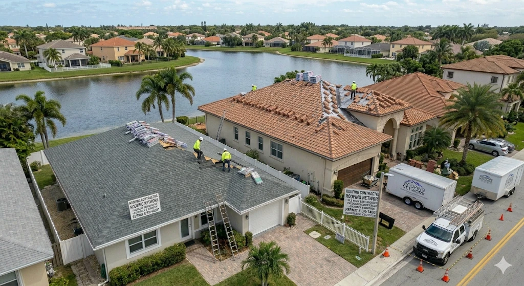 Roofing contractor Sunrise FL — tile and shingle roof replacement on residential home in Springtree by Roofing Network licensed contractor
