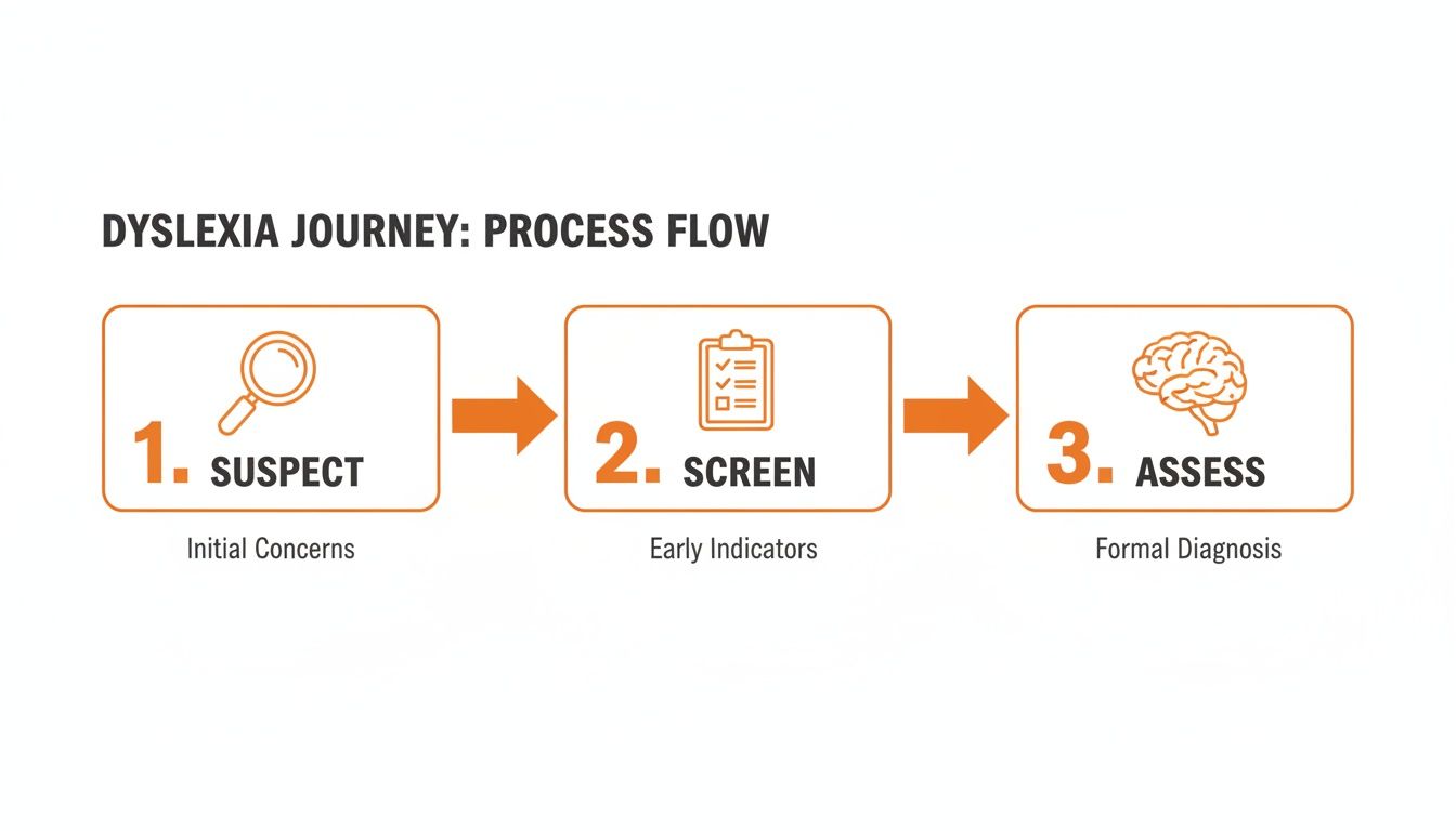 A process flow diagram illustrating the dyslexia journey: Suspect, Screen, and Assess.