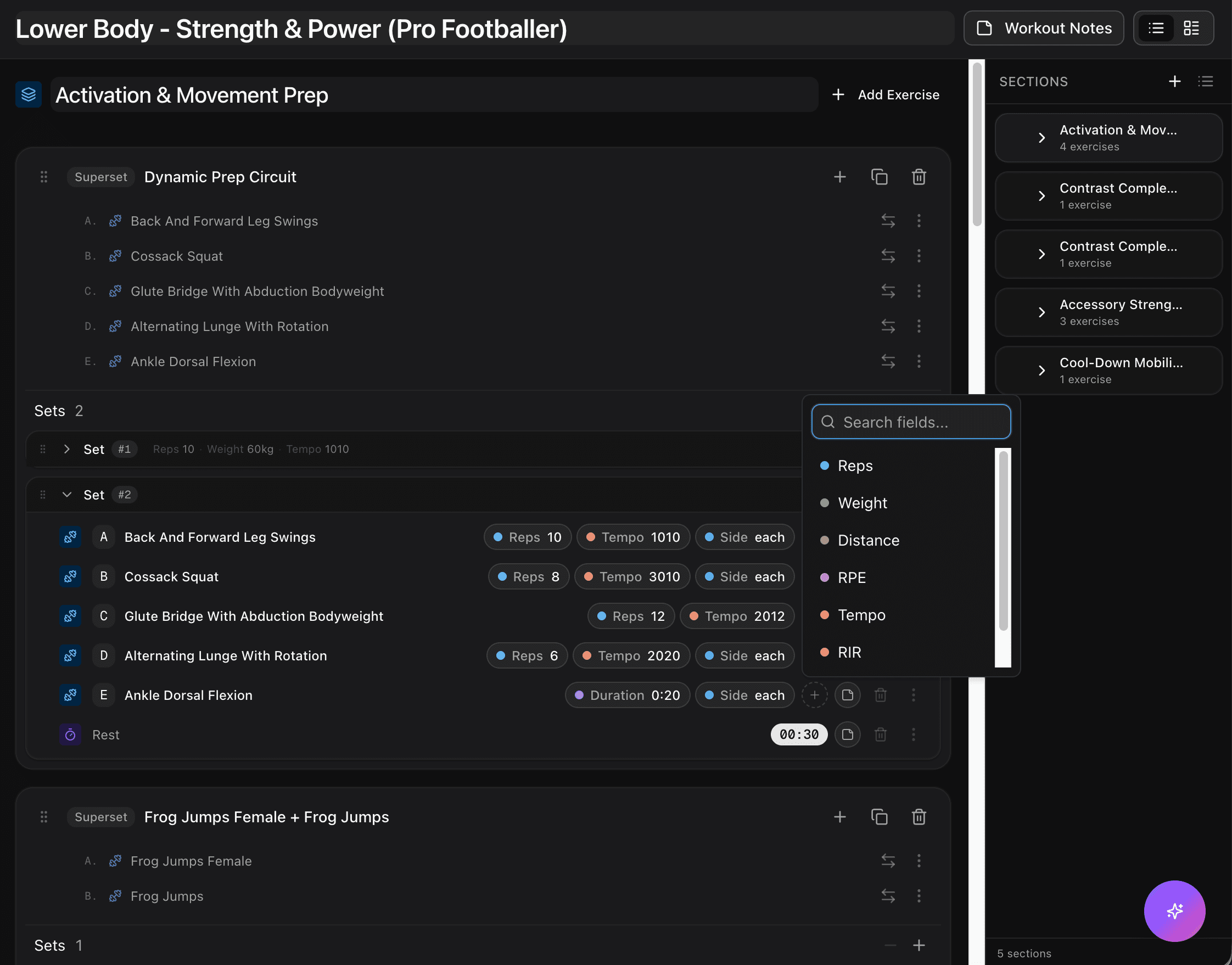 Workout editor - program building interface